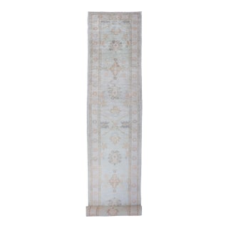 Long Turkish Oushak Runner in Ivory With Faded Green and Terracotta 2'10 X 21'0 For Sale