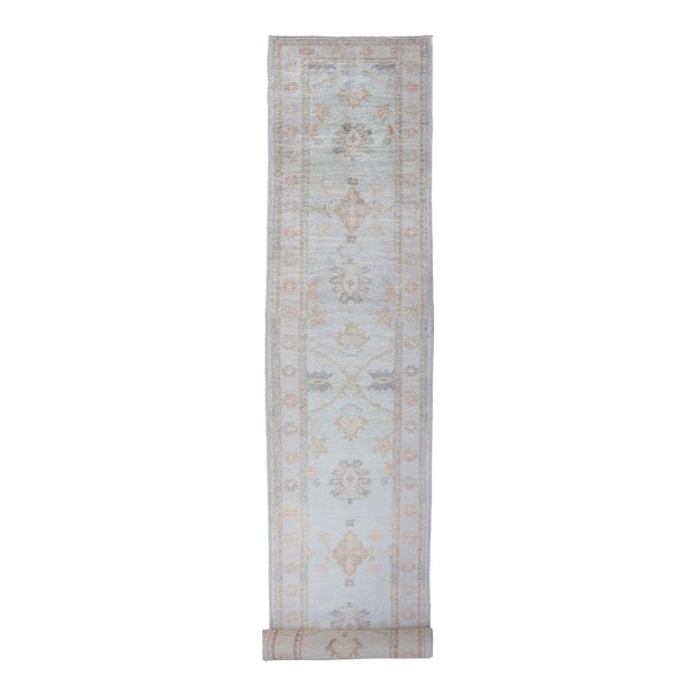Long Turkish Oushak Runner in Ivory With Faded Green and Terracotta 2'10 X 21'0 For Sale