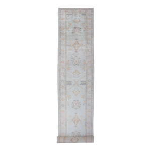 Long Turkish Oushak Runner in Ivory With Faded Green and Terracotta 2'10 X 21'0