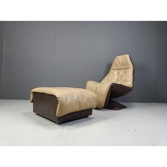 Set of Vintage Leather Swivel Chair and Ottoman, 1970s For Sale - Image 4 of 12