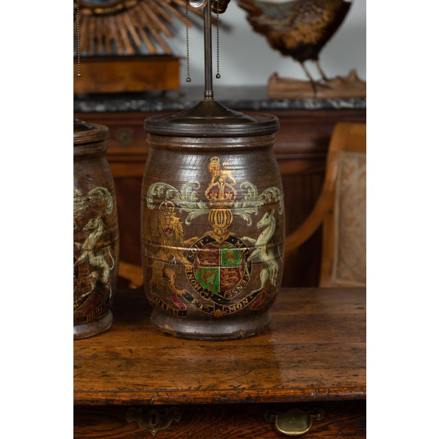 Wood 1880s English Wooden Barrels with Coat of Arms Made into Table Lamps - a Pair For Sale - Image 7 of 12