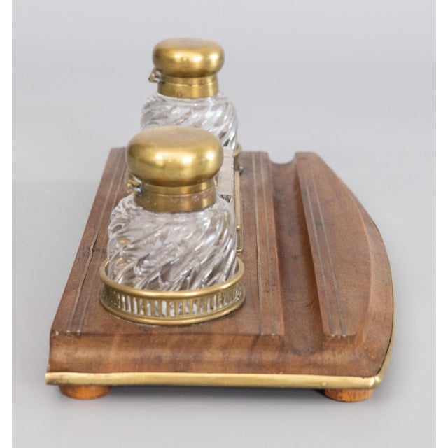 French 19th Century French Baccarat Crystal & Oak Double Inkwell Inkstand Desk Set For Sale - Image 3 of 11