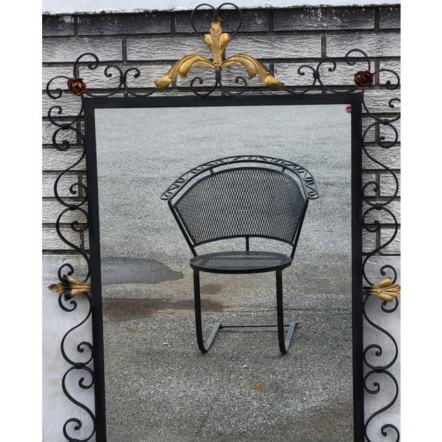 1930s Vintage 1930s American Handmade Wrought Iron Wall Mirror Hand Painted Floral Dec For Sale - Image 5 of 18