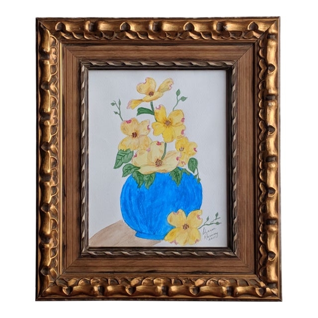 Original Still Life Dogwood Flowers in a Vase Watercolor Painting Framed For Sale