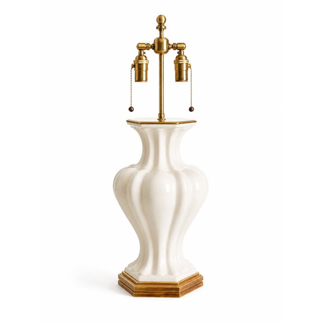 Authentic Christopher Spitzmiller table lamp in glossy white glazed ceramic with solid brass hardware, signed and dated...
