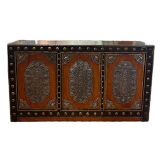 1980s Distressed Asian Wood Cabinet With Decorative Metal Accents For Sale