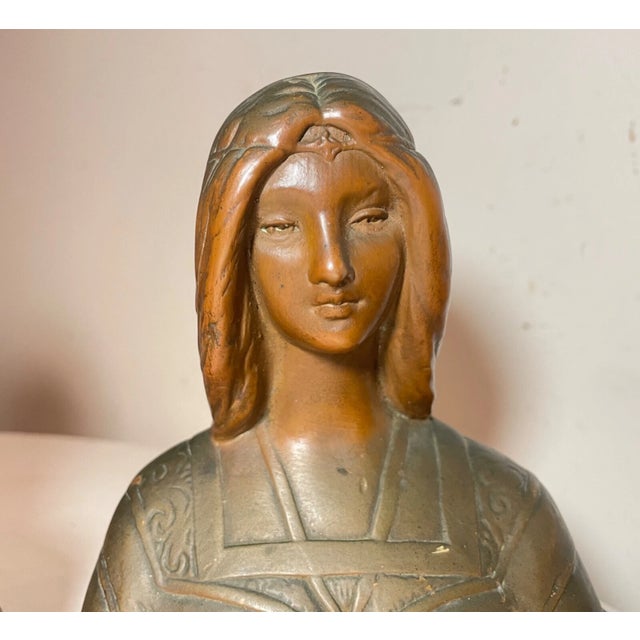 Pair of 2 Antique 1800's Bronze Clad Lady Bust Statue Beatrice Bookends Set For Sale - Image 4 of 12