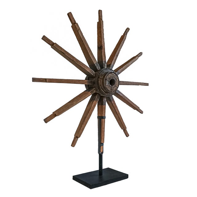 Asian Antique 19th Century Wooden Wagon Wheel on Stand, Indonesia For Sale - Image 3 of 18