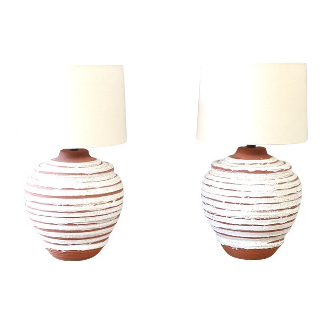 Vintage 70's Terracotta Frosted White Drip Glaze Lamp Pair Large Brutalist Boho Retro For Sale
