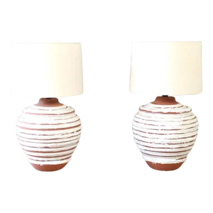 Vintage 70's Terracotta Frosted White Drip Glaze Lamp Pair Large Brutalist Boho Retro