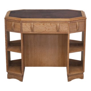 Art Deco Limed Oak Octagonal Writing Desk with Double-Sided Bookcase and Leather Inset from Heals, 1930s For Sale