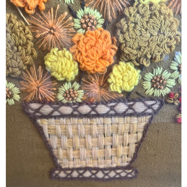 Shabby Chic Framed Floral Crewel Needlework - Mid Century Hand Crafted For Sale - Image 3 of 7