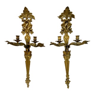 Pair of 1950s Decorative Crafts Art Nouveau Style Large Solid Brass Candle Sconces #5622 For Sale