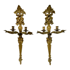 Pair of 1950s Decorative Crafts Art Nouveau Style Large Solid Brass Candle Sconces #5622