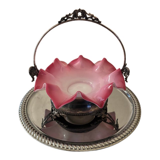 Antique Victorian Bridal Basket W/Hand Blown Glass Bowl. For Sale