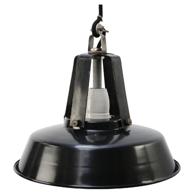 Vintage French Industrial Black Enamel Pendant Light from Mazda For Sale
