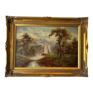 Vintage Romantic Landscape Oil Painting, Signed John Pollins, Ornate Giltwood Frame For Sale