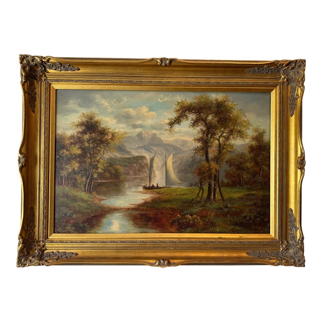 Vintage Romantic Landscape Oil Painting, Signed John Pollins, Ornate Giltwood Frame For Sale