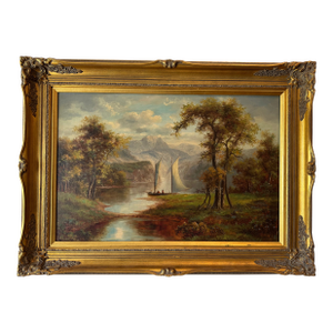 Vintage Romantic Landscape Oil Painting, Signed John Pollins, Ornate Giltwood Frame