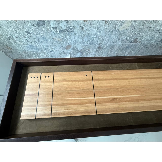 District Eight Artisanal 13’ Shuffleboard Table, Smoked Oak Frame & Cast Iron Base For Sale - Image 12 of 13