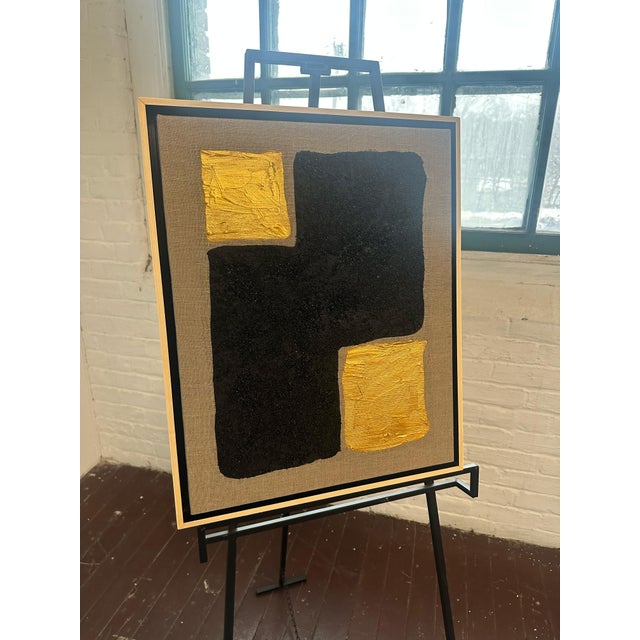 Vintage Gold and Noir Textural Masterpiece Painting Larger Size 20wx16h x3, Spanish Linen Natural Floating Frame Immerse...