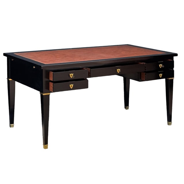 Large French Louis XVI Ebonized Writing Table or Desk With Embossed Leather Top For Sale - Image 4 of 15