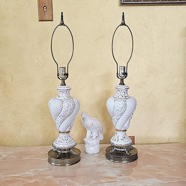 Pair of Vintage Italian Capodimonte Table Lamps – White & Gold 30" Ornate Ceramic Lighting For Sale - Image 18 of 18