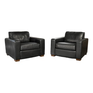Design Within Reach Black Leather Club Chairs - a Pair For Sale