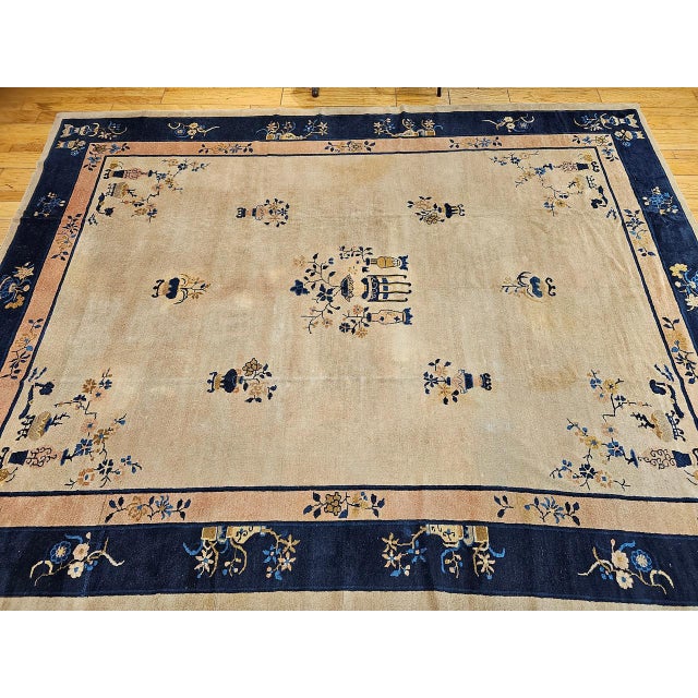 Antique Chinese Peking Rug, Hand-Knotted Wool Pile, Pale Tan & Blue, 9' x 12' For Sale - Image 9 of 18