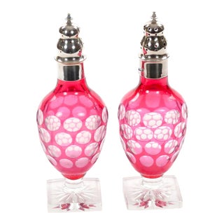 Val Saint Lambert Pink Glass Bottles With Diamond-Cut & Etched Decoration For Sale