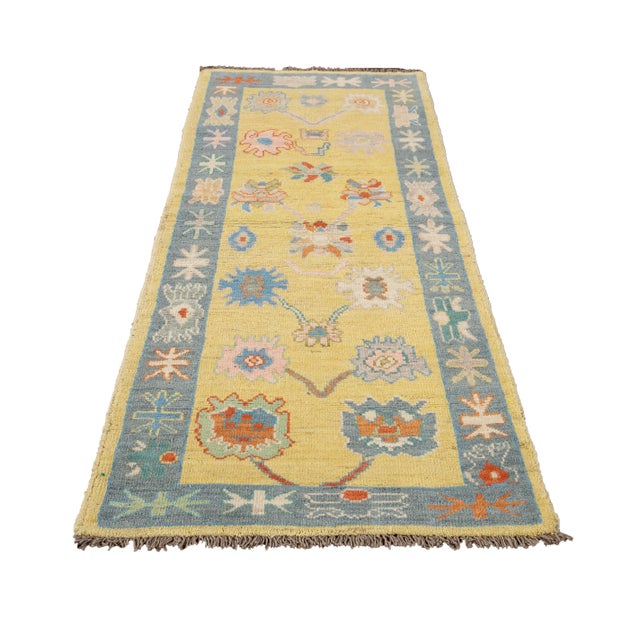 Modern Yellow Modern Oushak Handmade Wool Runner For Sale - Image 3 of 13