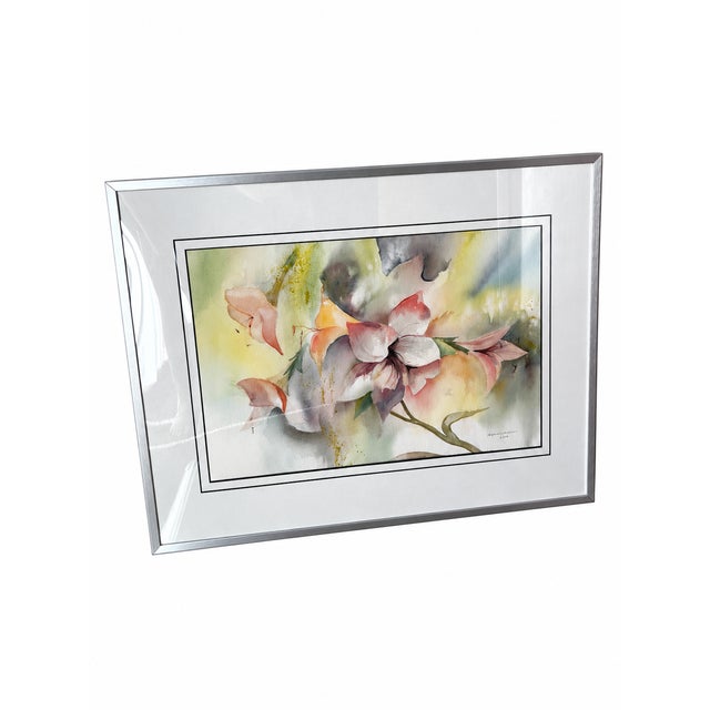 An original vintage watercolor featuring an expressive floral composition in blush pink, coral, lavender, and cream...