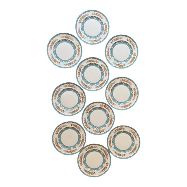 Vintage Crown Staffordshire Lyric Tunis Blue Fine Bone China Plates - Set of 10 For Sale