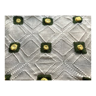 1970's Hand Crocheted Yellow Green and White Traditional Puffy Floral Square Blanket and Pillow Cases - 3 Piece Set For Sale