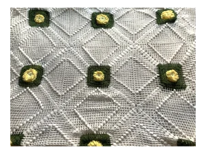 1970's Hand Crocheted Yellow Green and White Traditional Puffy Floral Square Blanket and Pillow Cases - 3 Piece Set