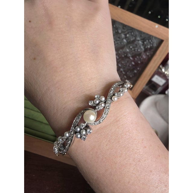 Modern Vintage Pearl & Diamond Floral Cocktail Bangle Bracelet in 14k Two-Tone Gold For Sale - Image 3 of 6