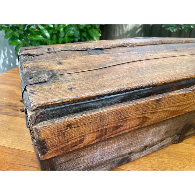 Antique French Wood Iron and Hide Chest For Sale - Image 6 of 15