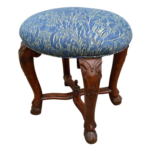 Italian Baroque Walnut Stool with Fortuny Upholstery For Sale