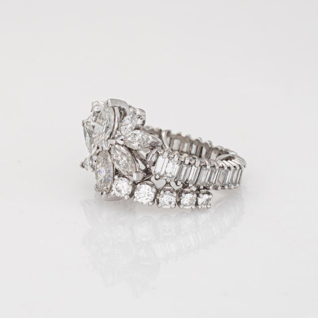 Mid Century 4ct Diamond Ring Sz 7 Marquise Cluster & Baguette Platinum Band For Sale - Image 4 of 6