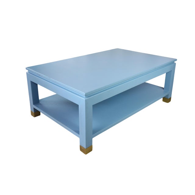 Wood Karl Springer Style Modern Light Blue Linen-Raffia Coffee Table. With Four Brass Sabot For Sale - Image 7 of 10