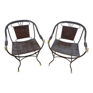 Pair Maison Jansen Style Equestrian Curule Chairs with Gilt Horse Heads For Sale