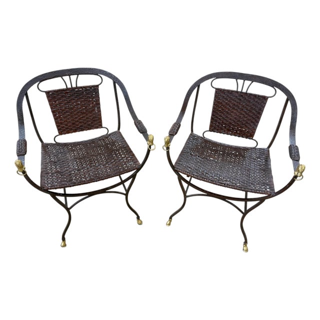 Pair Maison Jansen Style Equestrian Curule Chairs with Gilt Horse Heads For Sale