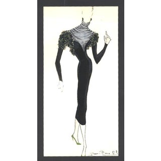 1950 Mid-Century Original French Fashion Drawing in Gouache, Signed For Sale