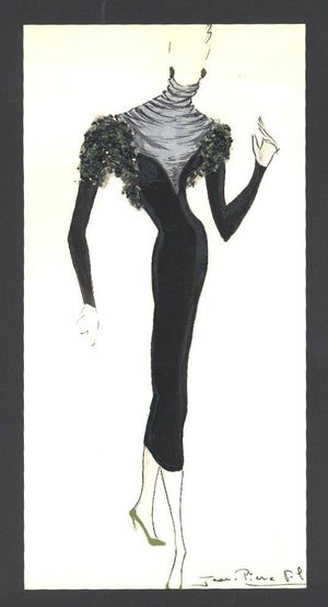 1950 Mid-Century Original French Fashion Drawing in Gouache, Signed