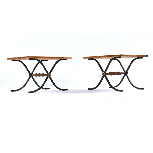 American Michael Taylor Style Petite Parquet Oa Side Tables With Iron X Base Swag Legs For Sale - Image 3 of 10
