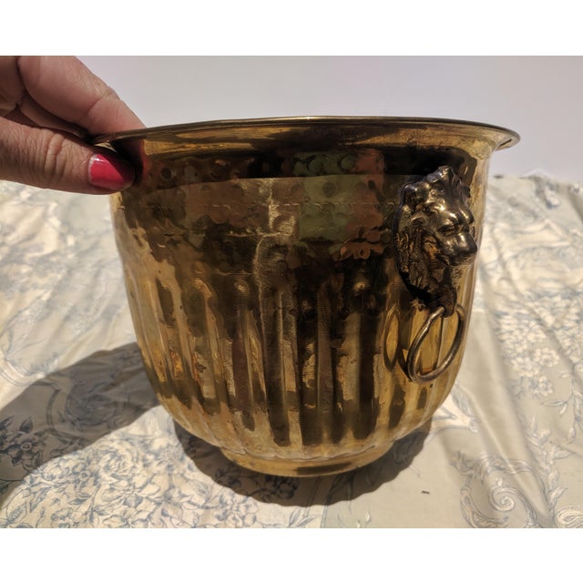 Vintage Hammered Brass Cachepot Jardiniere With Lion Head Ring Pulls For Sale - Image 9 of 11