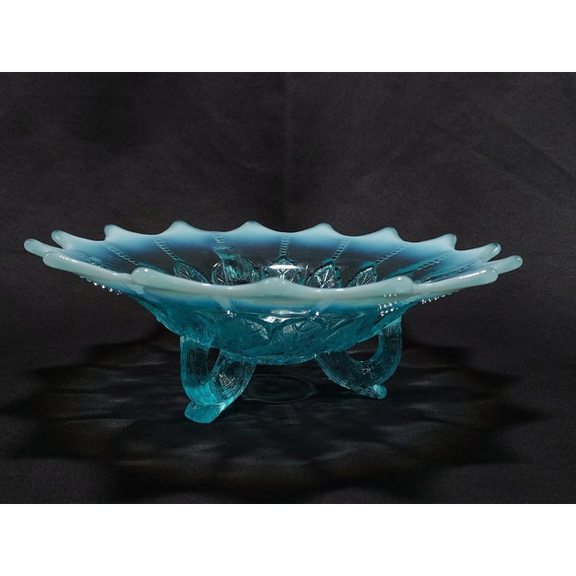 Northwood Leaf and Beads Blue Opalescent 7 Inch 3 Footed Bowl Circa 1905 Manufacturer: Northwood, approx. 1905 Condition:...