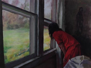 Spring Morning by John McLeod | Oil on panel Girl in a red dress looking out a window at spring.