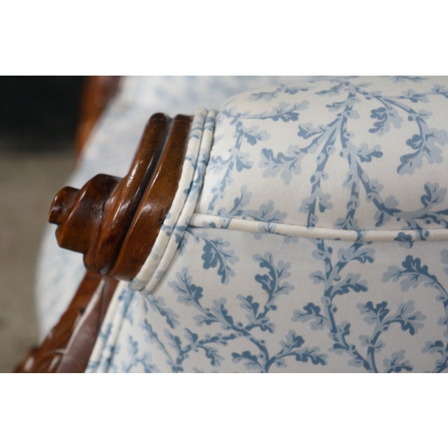 Antique Victorian Carved Walnut Spoon-Back Blue Floral Salon Armchair C. 1880s For Sale - Image 14 of 18