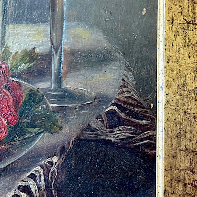 Red 1940s M. Heller Hermann (B. 1897) German Still Life With Strawberries & Champagne, Oil on Board For Sale - Image 8 of 10
